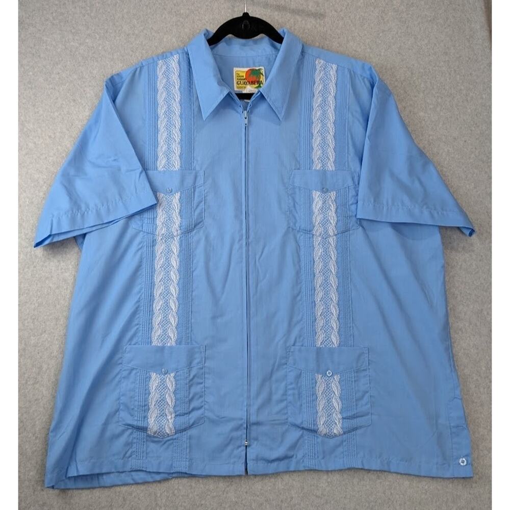Haband Guayabera Camp Shirt Mens XL Blue Cuban Short Sleeve Embroidered Zip Up